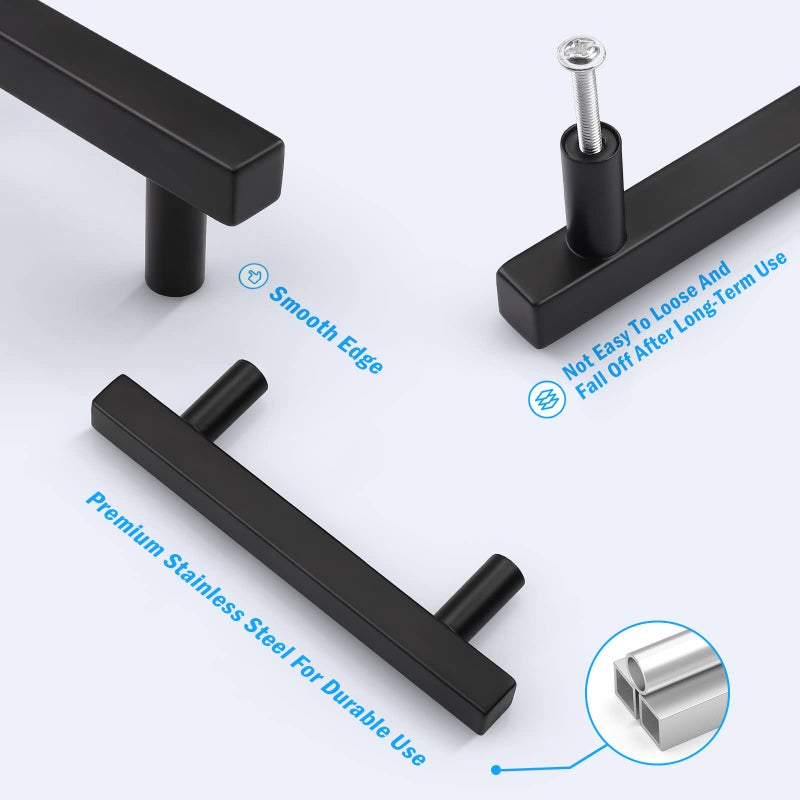 KNOBWELL 10 Pack 3 in Black Cabinet Pulls, Stainless Steel Kitchen Cupboard Door Handles Matte Black 3" Hole Spacing Furniture Hardware - Image 3